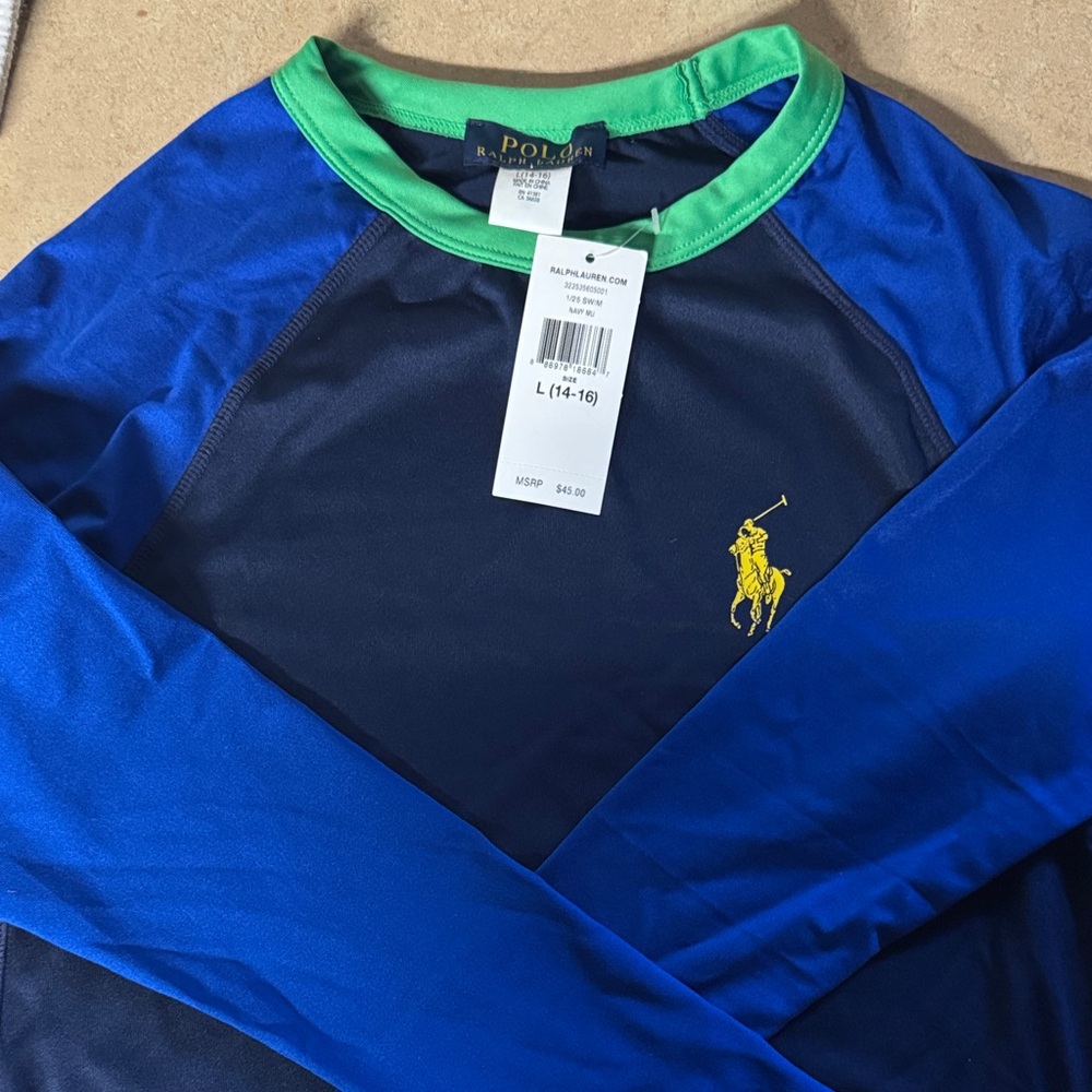 Boy's Ralph Lauren Blue and Green Long Sleeve Swim Shirt NWT